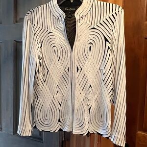 Small Cartise B&W blouse-jacket. White ribbon on black mesh fabric.